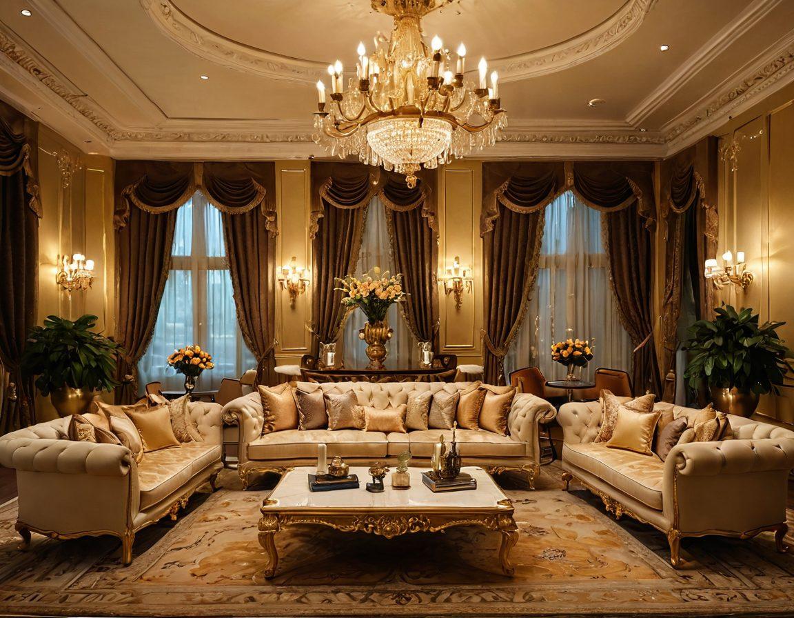 A luxurious lounge setting featuring opulent high-end seating arrangements adorned with rich fabrics, soft cushions, and elegant patterns. The scene is imbued with warmth and affection, illuminated by soft golden light, showcasing an inviting atmosphere perfect for intimate gatherings. Incorporate subtle floral accents and ornate decor elements to enhance the royal vibe. super-realistic. vibrant colors. elegant atmosphere.