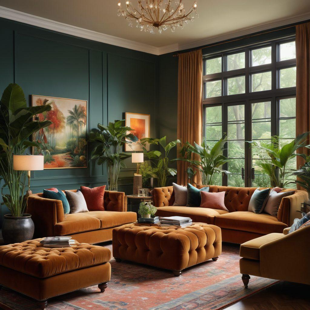 A cozy and elegant living room featuring an array of luxurious seating options, such as a plush velvet sofa, a chic armchair, and a stylish ottoman. The ambiance is warm, with soft lighting casting a gentle glow on decorative cushions and a plush throw. A coffee table with stylish decor elements sits in the center, surrounded by lush plants for a vibrant touch. This scene invites viewers to feel the comfort and style in every detail. super-realistic. vibrant colors. soft lighting.