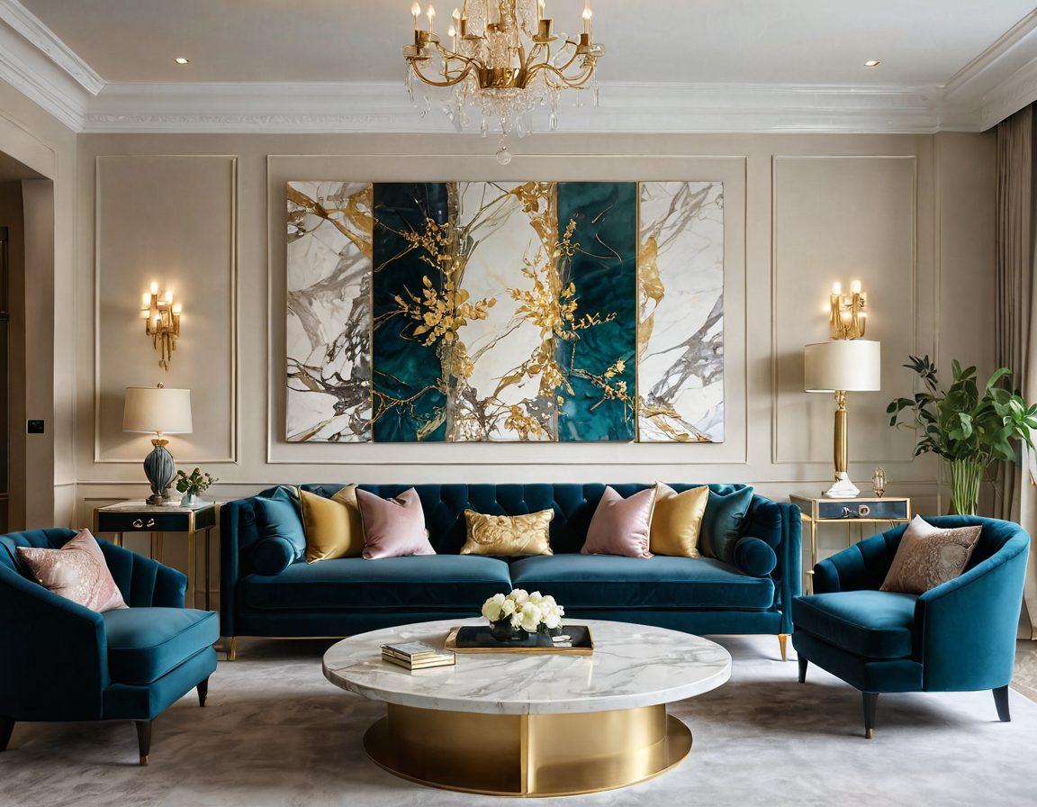 A lavish living room featuring bespoke furnishings, with an elegant velvet sofa, a chic marble coffee table, and intricate wall art that radiates luxury. Soft, ambient lighting enhances the warm tones of the room, creating a cozy yet opulent atmosphere. Large windows allow natural light to flood in, while decorative plants add a touch of freshness. super-realistic. vibrant colors. luxurious interior design.